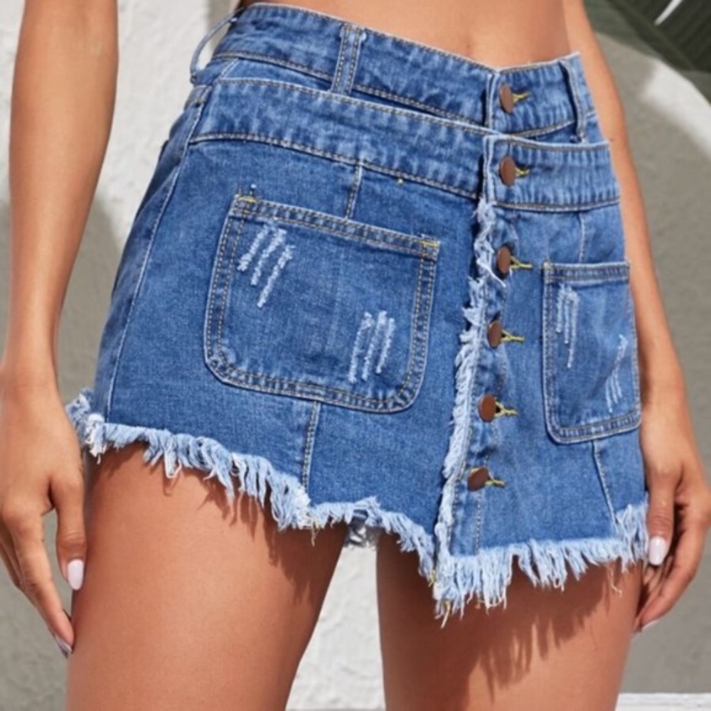 Frayed Denim Button SKorts - Picture 3 of 5